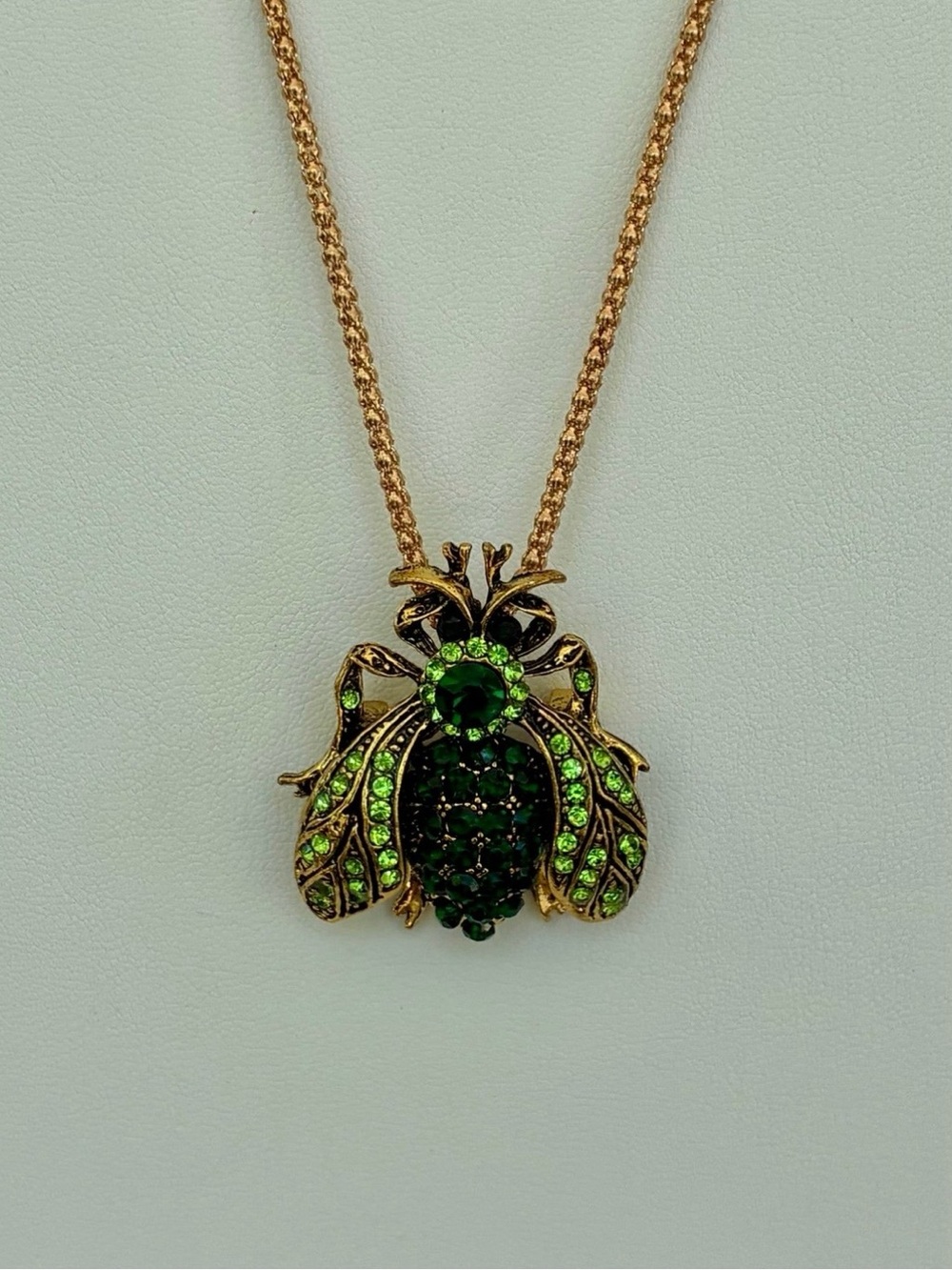 Betsey Johnson Gold-Tone Green Rhinestone Beetle Bug Brooch Pendant Necklace